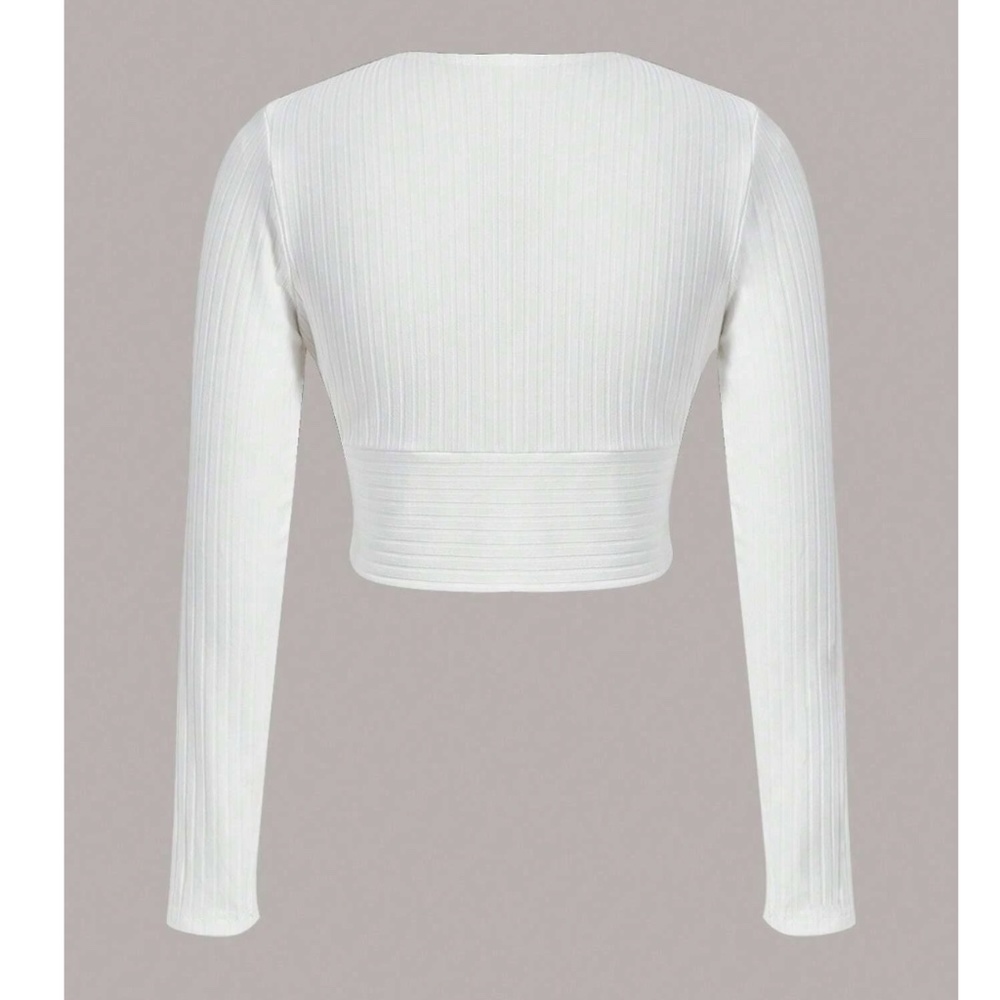Deep V Neck Long Sleeve Rib-knit White Crop Top - Picture 10 of 12